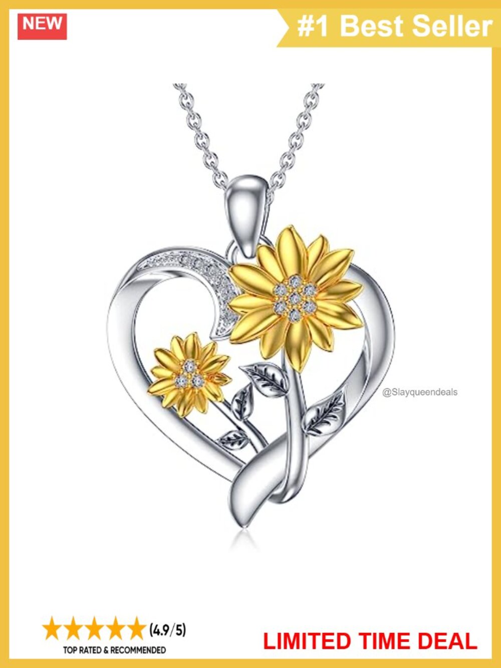 18K Gold Plated Sterling Silver Sunflower Diamond Necklace 18+2"